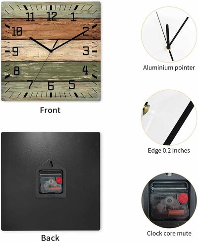 Farmhouse Sage Green Brown Wooden Wall Clock Silent Non Ticking, Vintage Wooden Striped Square Wall Clocks Battery Operated, Decor Clock for Home Office, Living Room, Kitchen, 10 Inch in Saudi Arabia