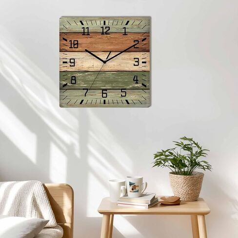 Farmhouse Sage Green Brown Wooden Wall Clock Silent Non Ticking, Vintage Wooden Striped Square Wall Clocks Battery Operated, Decor Clock for Home Office, Living Room, Kitchen, 10 Inch in Saudi Arabia