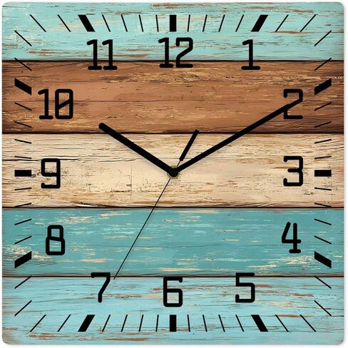 Farmhouse Sage Green Brown Wooden Wall Clock Silent Non Ticking, Vintage Wooden Striped Square Wall Clocks Battery Operated, Decor Clock for Home Office, Living Room, Kitchen, 10 Inch in Saudi Arabia