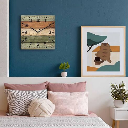 Farmhouse Sage Green Brown Wooden Wall Clock Silent Non Ticking, Vintage Wooden Striped Square Wall Clocks Battery Operated, Decor Clock for Home Office, Living Room, Kitchen, 10 Inch in Saudi Arabia