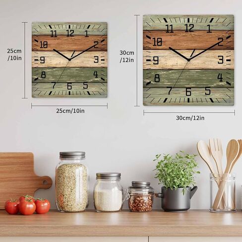 Farmhouse Sage Green Brown Wooden Wall Clock Silent Non Ticking, Vintage Wooden Striped Square Wall Clocks Battery Operated, Decor Clock for Home Office, Living Room, Kitchen, 10 Inch in Saudi Arabia