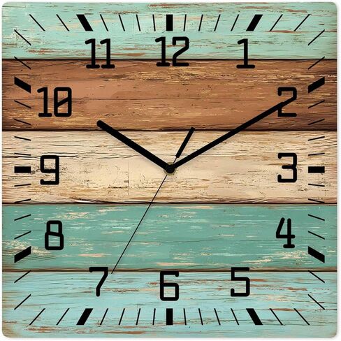 Farmhouse Sage Green Brown Wooden Wall Clock Silent Non Ticking, Vintage Wooden Striped Square Wall Clocks Battery Operated, Decor Clock for Home Office, Living Room, Kitchen, 10 Inch in Saudi Arabia