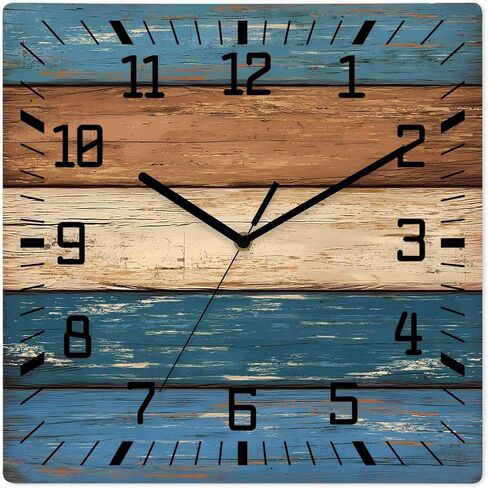 Farmhouse Sage Green Brown Wooden Wall Clock Silent Non Ticking, Vintage Wooden Striped Square Wall Clocks Battery Operated, Decor Clock for Home Office, Living Room, Kitchen, 10 Inch in Saudi Arabia