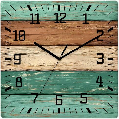 Farmhouse Sage Green Brown Wooden Wall Clock Silent Non Ticking, Vintage Wooden Striped Square Wall Clocks Battery Operated, Decor Clock for Home Office, Living Room, Kitchen, 10 Inch in Saudi Arabia