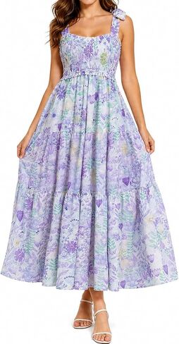 Womens Summer Boho Floral Maxi Dress A-Line Smocked Patchwork with Pockets Tie Shoulder Flowy Y2K Wedding Sundress in Saudi Arabia