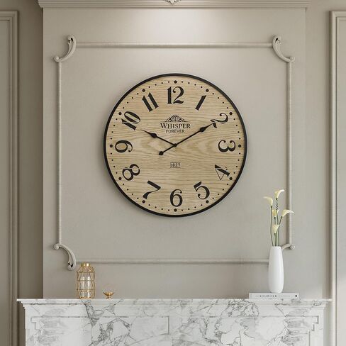 3More Large Wall Clock 24 Inch,Silent Battery Operated Clocks with Wrought Iron Frame Round,Mid-Century Country Wooden Shiplap Hanging Clock, Ideal for Living Room, Bedroom, Office, and Kitchen Decor in Kuwait