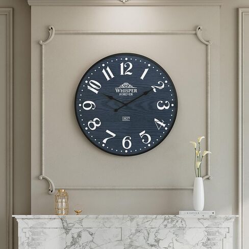 3More Large Wall Clock 24 Inch,Silent Battery Operated Clocks with Wrought Iron Frame Round,Mid-Century Country Wooden Shiplap Hanging Clock, Ideal for Living Room, Bedroom, Office, and Kitchen Decor in Kuwait