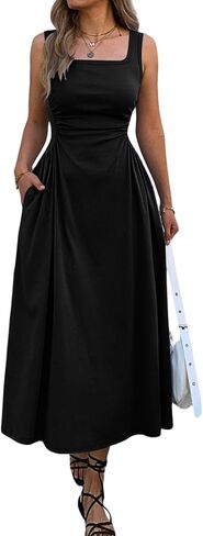 Mieazom Women's Square Neck Sleeveless Slim-Fit Maxi Dress Ruched Waist Corset Flowy Casual Summer Dresses with Pockets in Kuwait