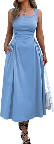 Mieazom Women's Square Neck Sleeveless Slim-Fit Maxi Dress Ruched Waist Corset Flowy Casual Summer Dresses with Pockets in Kuwait
