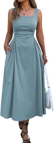 Mieazom Women's Square Neck Sleeveless Slim-Fit Maxi Dress Ruched Waist Corset Flowy Casual Summer Dresses with Pockets in Kuwait