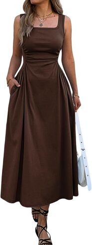 Mieazom Women's Square Neck Sleeveless Slim-Fit Maxi Dress Ruched Waist Corset Flowy Casual Summer Dresses with Pockets in Kuwait
