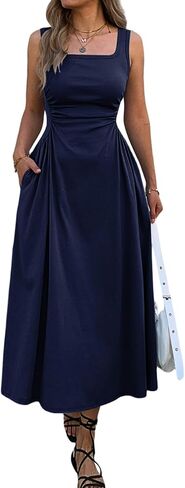 Mieazom Women's Square Neck Sleeveless Slim-Fit Maxi Dress Ruched Waist Corset Flowy Casual Summer Dresses with Pockets in Kuwait
