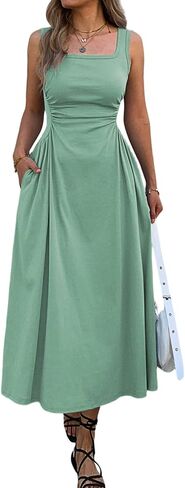 Mieazom Women's Square Neck Sleeveless Slim-Fit Maxi Dress Ruched Waist Corset Flowy Casual Summer Dresses with Pockets in Kuwait