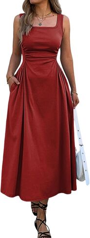 Mieazom Women's Square Neck Sleeveless Slim-Fit Maxi Dress Ruched Waist Corset Flowy Casual Summer Dresses with Pockets in Kuwait