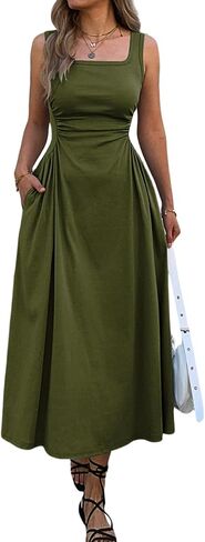 Mieazom Women's Square Neck Sleeveless Slim-Fit Maxi Dress Ruched Waist Corset Flowy Casual Summer Dresses with Pockets in Kuwait