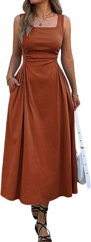 Mieazom Women's Square Neck Sleeveless Slim-Fit Maxi Dress Ruched Waist Corset Flowy Casual Summer Dresses with Pockets in Kuwait