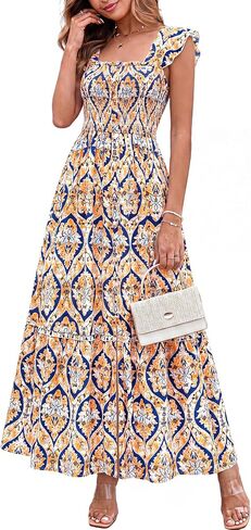 dowerme Womens Summer Maxi Dresses 2026 Casual Ruffle Sleeve Button Smocked Floral Slit Boho Dress Spring Beach Sundress in Saudi Arabia
