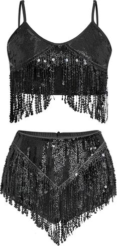 ODASDO Womens Rave Outfit, Sequin Fringe 2 Piece Set, Sparkly Tassel Crop Top and Shorts for Halloween Festival Dance Party in Kuwait