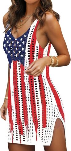 CAZYCHILD American Flag Swimsuits Coverup for Women: Hollow Crochet Bathing Suit Cover Ups 12th of July Beach Tank Dresses in Saudi Arabia