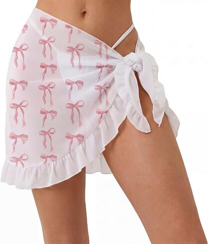 Pink Bow Cover up Sarong Wrap Skirt Ruffled Bachelorette Outfits for Bride Sheer Mesh Bridal Swimsuit Bathing Suit in Kuwait