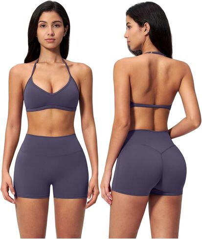 Women 2 Piece Workout Sets Open Back Halter Sports Bra High Waist Tummy Control V Neck Active Shorts Yoga Outfits in Saudi Arabia