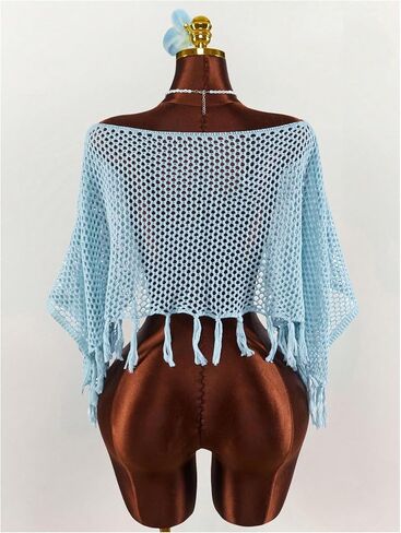 SHENHE Women's Crochet Fringe Poncho Top Cover Up Sequin Sparkly Beach Crop Top Swimsuit Coverups in Kuwait