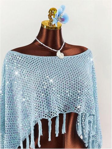 SHENHE Women's Crochet Fringe Poncho Top Cover Up Sequin Sparkly Beach Crop Top Swimsuit Coverups in Kuwait