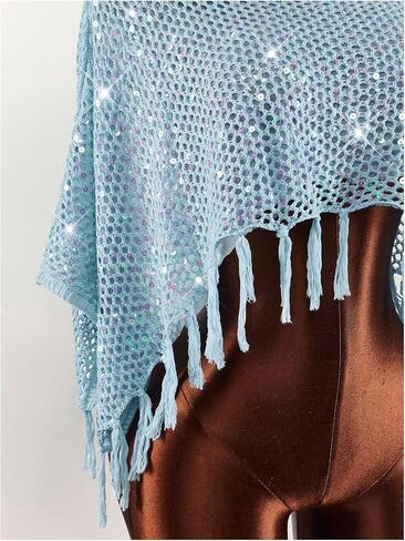 SHENHE Women's Crochet Fringe Poncho Top Cover Up Sequin Sparkly Beach Crop Top Swimsuit Coverups in Kuwait