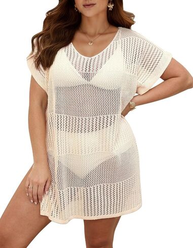 Plus Size Swimsuit Cover Up - Short Sleeve Crochet Hollow Out Swim Cover-ups Bathing Suit Beach Dress in Saudi Arabia