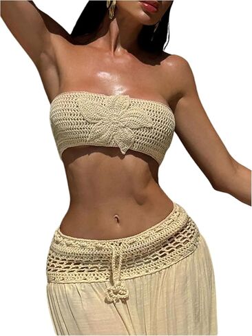 SHENHE Women's Crochet Crop Top Tube Swimsuit Coverups Strapless Floral Beach Swim Cover Up in Saudi Arabia