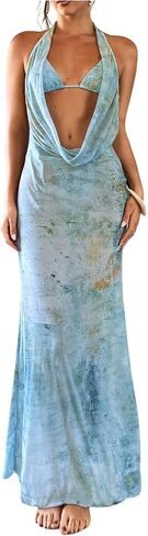 Milumia Women's Tie Dye Print Swimsuit Coverup Dress Halter Deep V Neck Summer Beach Maxi Dresses in Kuwait