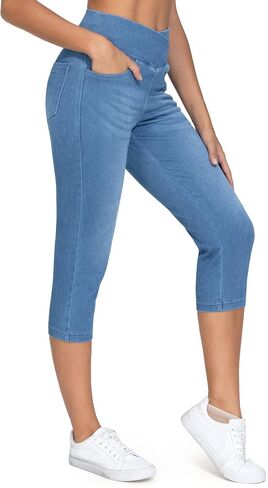 THE GYM PEOPLE Women's Cross Waisted Stretchy Capri Denim Jeggings Tummy Control Skinny Jean Leggings with Pockets in Kuwait
