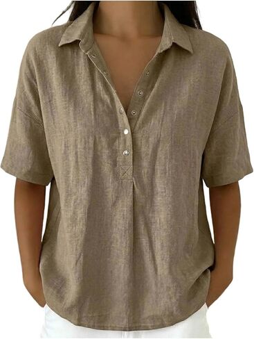 Womens Cotton Linen Shirts Solid Color Short Sleeve V Neck Collared Button Down Blouses Summer Dressy Going Out Clothes in Saudi Arabia