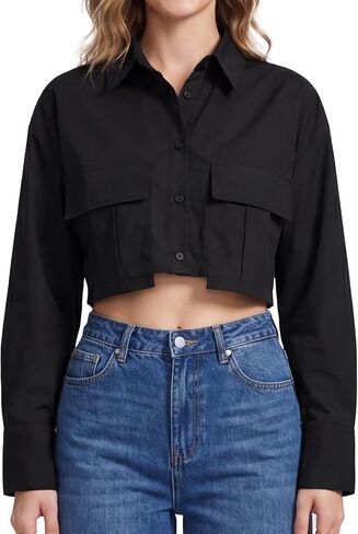 Sunzel Cropped Button Down Shirt for Women Long Sleeve Woven Shacket Boxy Fit Drop Shoulder Overshirt with Flap Pockets Top in Kuwait