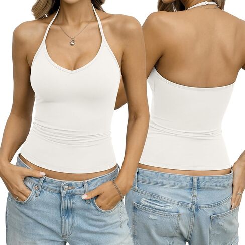 Eachyes Womens Halter Tops V Neck Spaghetti Strap Tank Top Fitted Backless Camisole Shirt Sexy Going Out Summer Clothes 2026 in Saudi Arabia