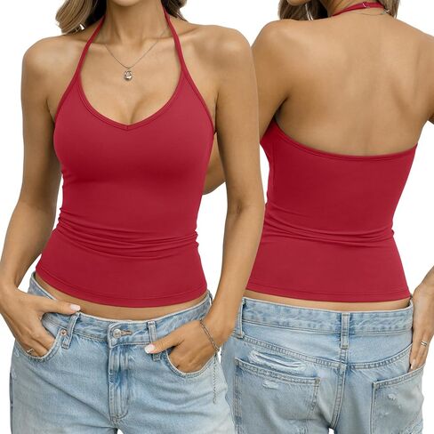 Eachyes Womens Halter Tops V Neck Spaghetti Strap Tank Top Fitted Backless Camisole Shirt Sexy Going Out Summer Clothes 2026 in Saudi Arabia