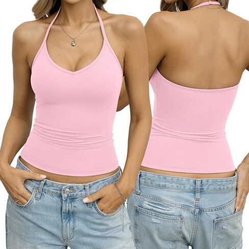 Eachyes Womens Halter Tops V Neck Spaghetti Strap Tank Top Fitted Backless Camisole Shirt Sexy Going Out Summer Clothes 2026 in Saudi Arabia