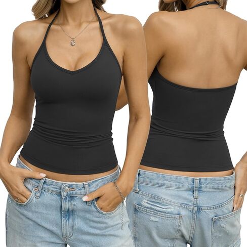 Eachyes Womens Halter Tops V Neck Spaghetti Strap Tank Top Fitted Backless Camisole Shirt Sexy Going Out Summer Clothes 2026 in Saudi Arabia