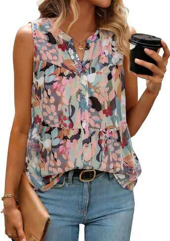 Simplee Womens Summer Sleeveless Tank Tops Chiffon V Neck Floral Tunic Top Casual Loose Blouse Shirts in Saudi Arabia