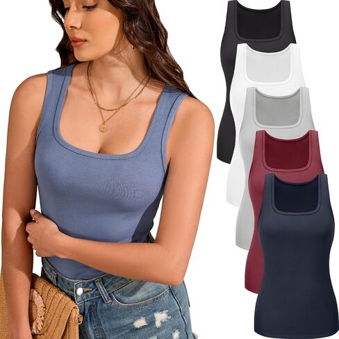 TVKSOM 5 Pack Basic Tank Tops for Women Square Neck Undershirt Ribbed Sleeveless Casual Layering Basic Tanks Top in Saudi Arabia