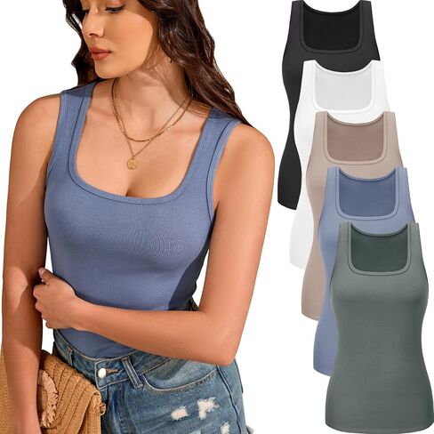 TVKSOM 5 Pack Basic Tank Tops for Women Square Neck Undershirt Ribbed Sleeveless Casual Layering Basic Tanks Top in Saudi Arabia