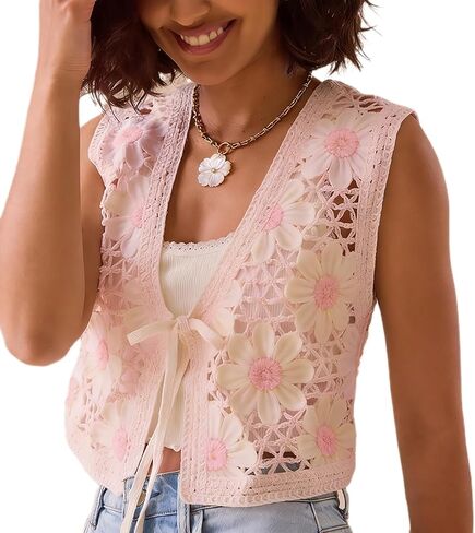 Yojeasrio Women Y2K Crochet Knit Vest Cute Tie Front Tank Top Sleeveless V Neck Crop Hollow Out Sweater Vest Going Out Tops in Saudi Arabia