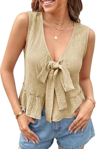 Cicy Bell Womens Babydoll Tank Tops V Neck Bow Tie Front Sleeveless Summer Shirts Sexy Peplum Flowy Flared Tops in Kuwait