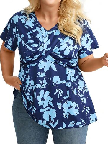 Plus Size Floral Print Blouse for Women V Neck Short Sleeve Summer Spring Top Casual Shirt in Saudi Arabia