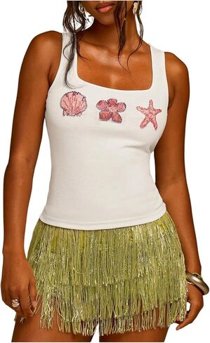 BEAUDRM Women's Y2k Seashell Tank Tops Starfish Square Neck Knitted Beaded Top Casual Summer Beach Outfit in Kuwait