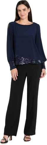 Elegant Womens Blouse W/Sequin Trim & Rhinestone Button Cuffs - Womens Long Split Sleeve Scoop Neck Top in Kuwait
