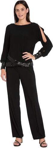 Elegant Womens Blouse W/Sequin Trim & Rhinestone Button Cuffs - Womens Long Split Sleeve Scoop Neck Top in Kuwait