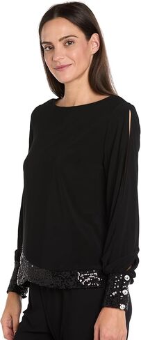 Elegant Womens Blouse W/Sequin Trim & Rhinestone Button Cuffs - Womens Long Split Sleeve Scoop Neck Top in Kuwait