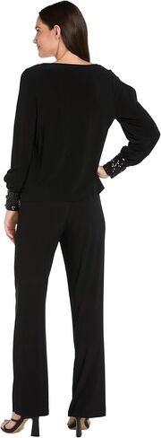 Elegant Womens Blouse W/Sequin Trim & Rhinestone Button Cuffs - Womens Long Split Sleeve Scoop Neck Top in Kuwait