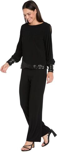 Elegant Womens Blouse W/Sequin Trim & Rhinestone Button Cuffs - Womens Long Split Sleeve Scoop Neck Top in Kuwait